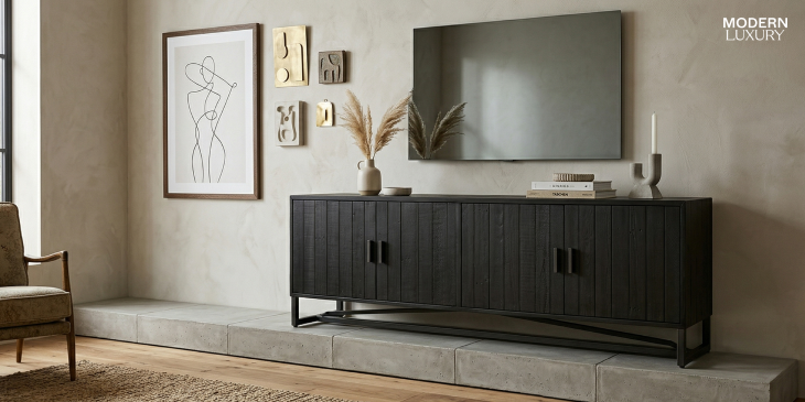 Sierra Media Unit in Black, a stylish and modern piece of furniture for living rooms in Houston.