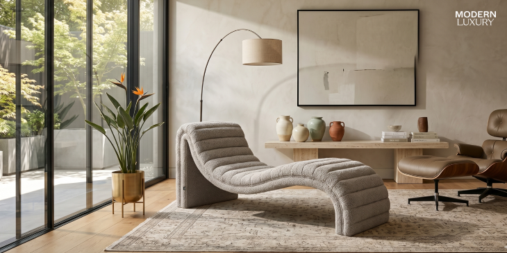 chaise lounge styled in modern living room interior houston home decor