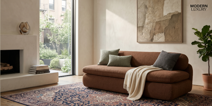 cozy daybed sofa with cushions in guest room with natural light