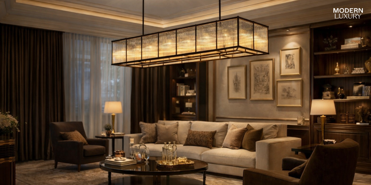 Modern chandelier hanging above a luxurious living room with warm lighting and elegant decor in a Houston home.