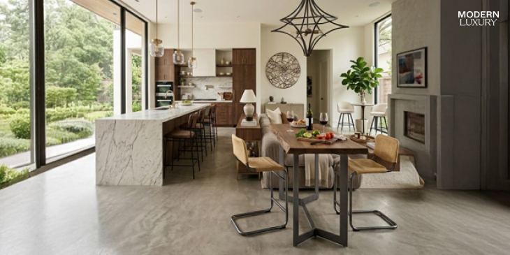 Modern luxury open-plan living space with kitchen island and modular sectional sofa separating kitchen from living room