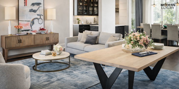 Separate living room and dining room with furniture