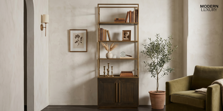 styled wooden bookshelf with decor books and plants in modern living room